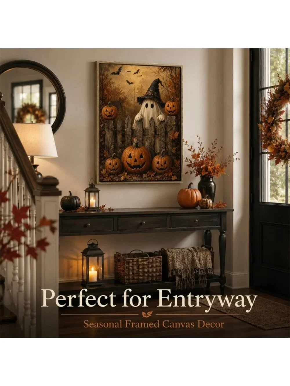 Cute Ghost & Pumpkin Halloween Framed Wall Art | Spooky Decor for Home